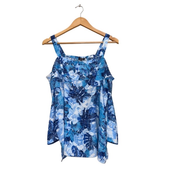 NYDJ Floral Cold Shoulder Top Blue White Ruffle Tunic Blouse Long Sleeve Women S - Picture 2 of 12